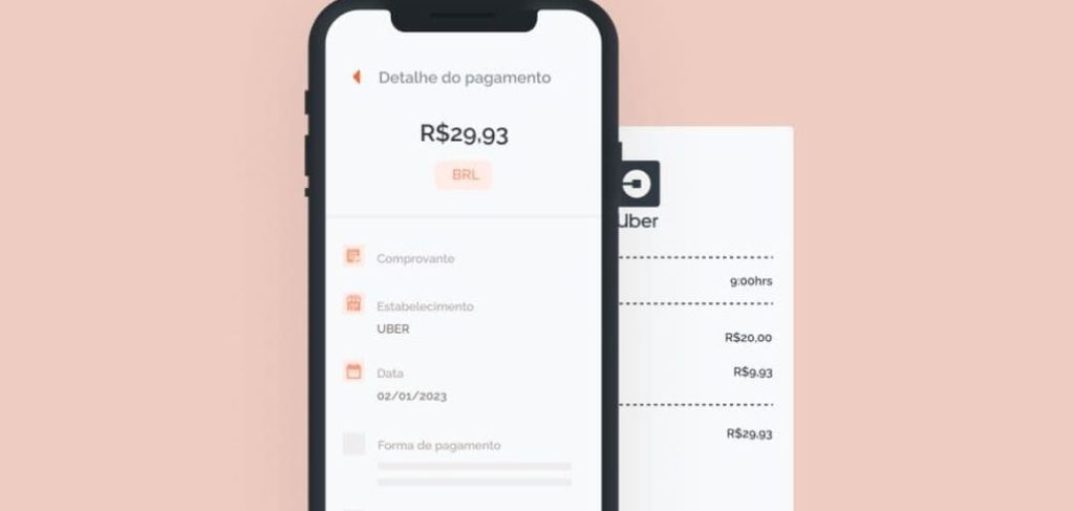 tela de um smartphone com informações de pagamento em um fundo laranja, para demonstrar o reembolso de despesas